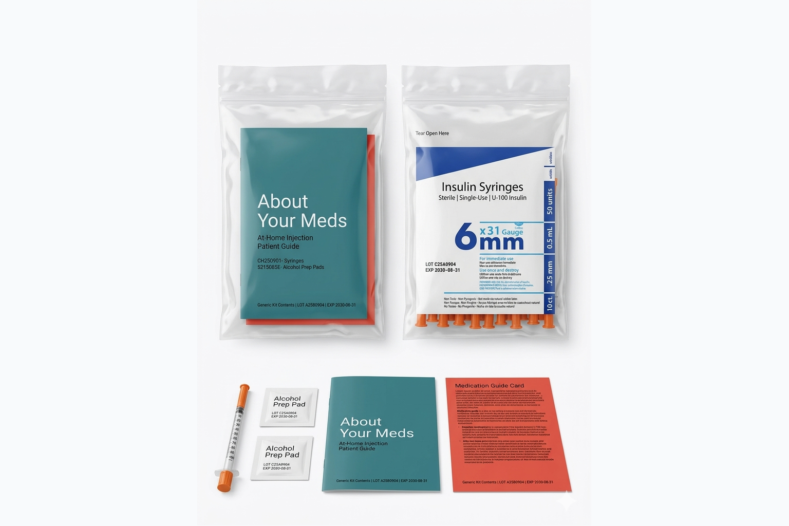 RXKitted custom injection kit with branded pouch, syringes, alcohol prep pads, medication guide, and inserts